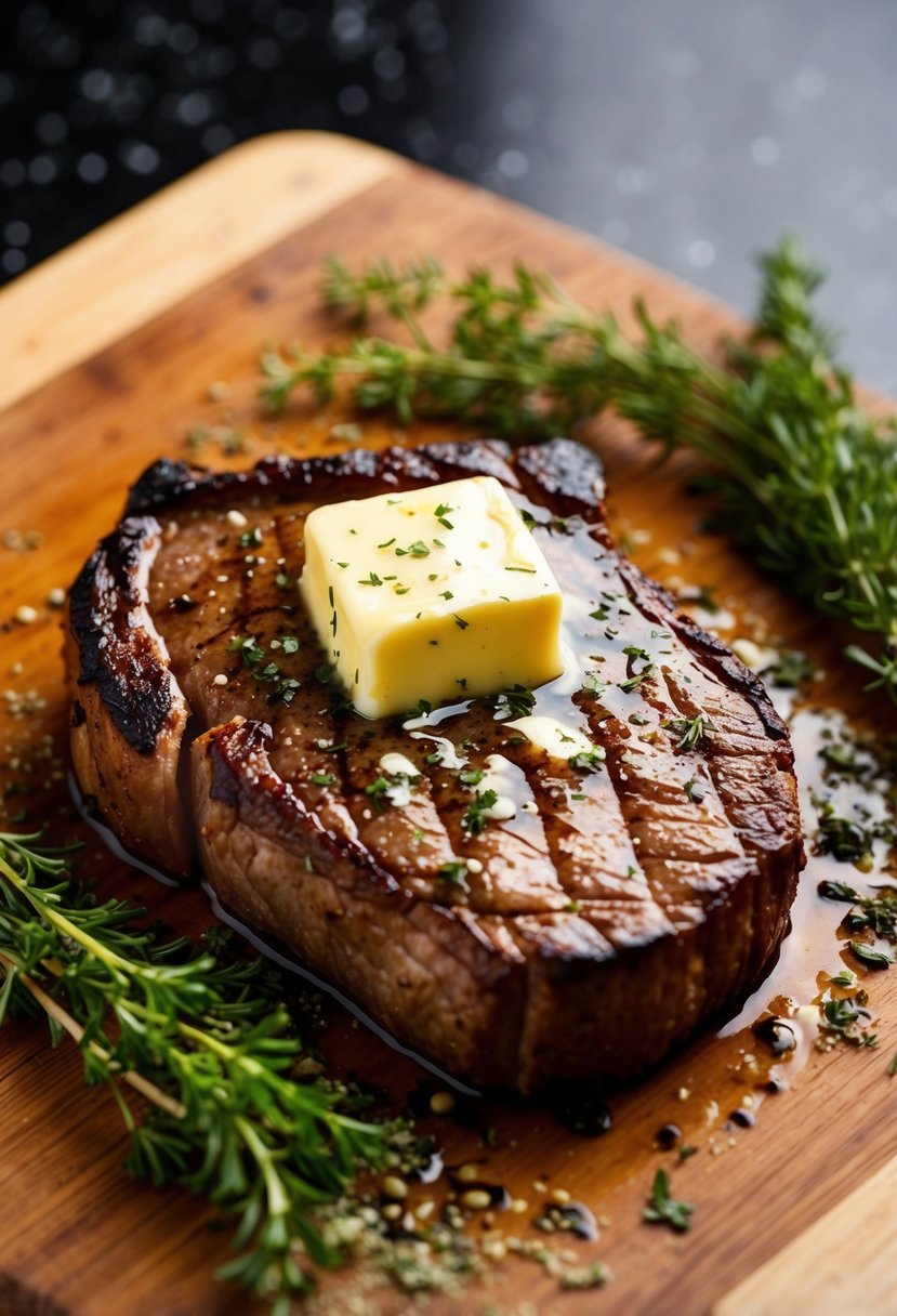 A sizzling steak topped with melting butter, surrounded by herbs and seasonings on a wooden cutting board