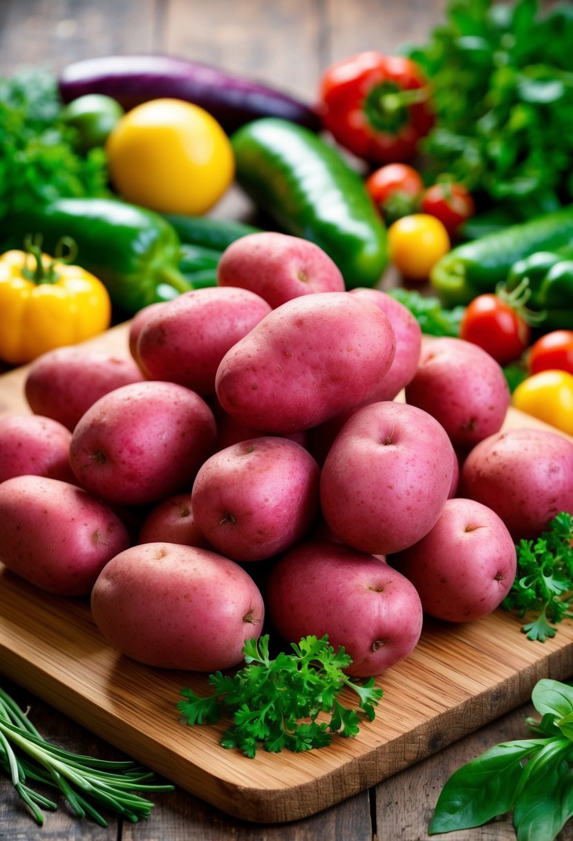 A pile of fresh red skin potatoes surrounded by colorful vegetables and herbs on a wooden cutting board