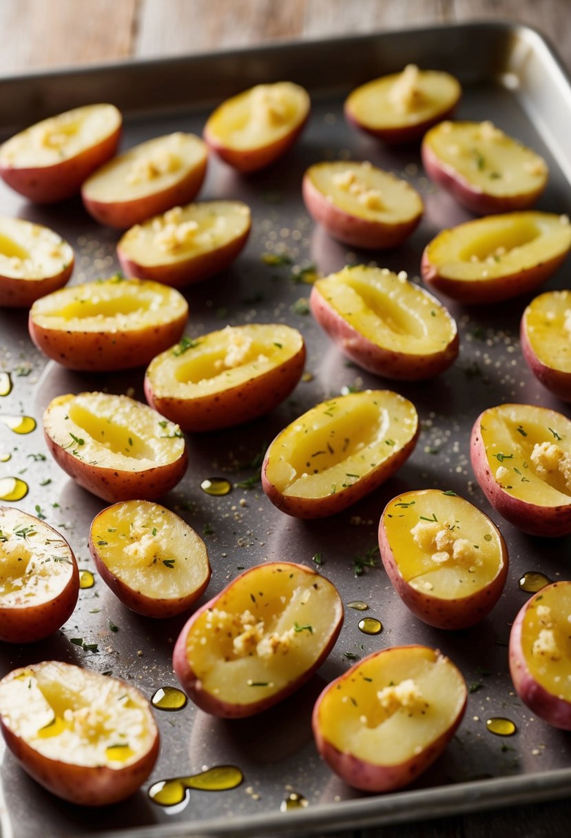 A baking sheet of halved baby red potatoes, drizzled with olive oil and sprinkled with minced garlic, ready for roasting in the oven