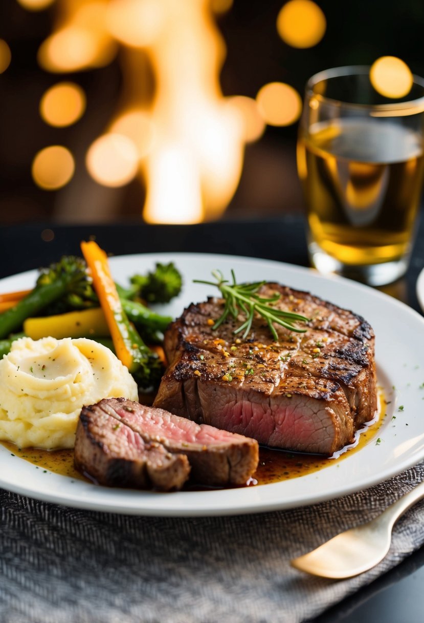 A sizzling chopped steak with savory seasoning, grilled to perfection, served with a side of seasoned vegetables and a dollop of creamy mashed potatoes