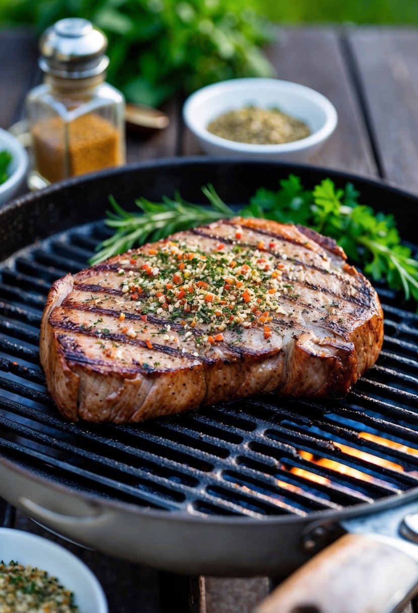 A sizzling steak on a grill, seasoned with Longhorn Steakhouse Seasoning Blend, surrounded by fresh herbs and spices