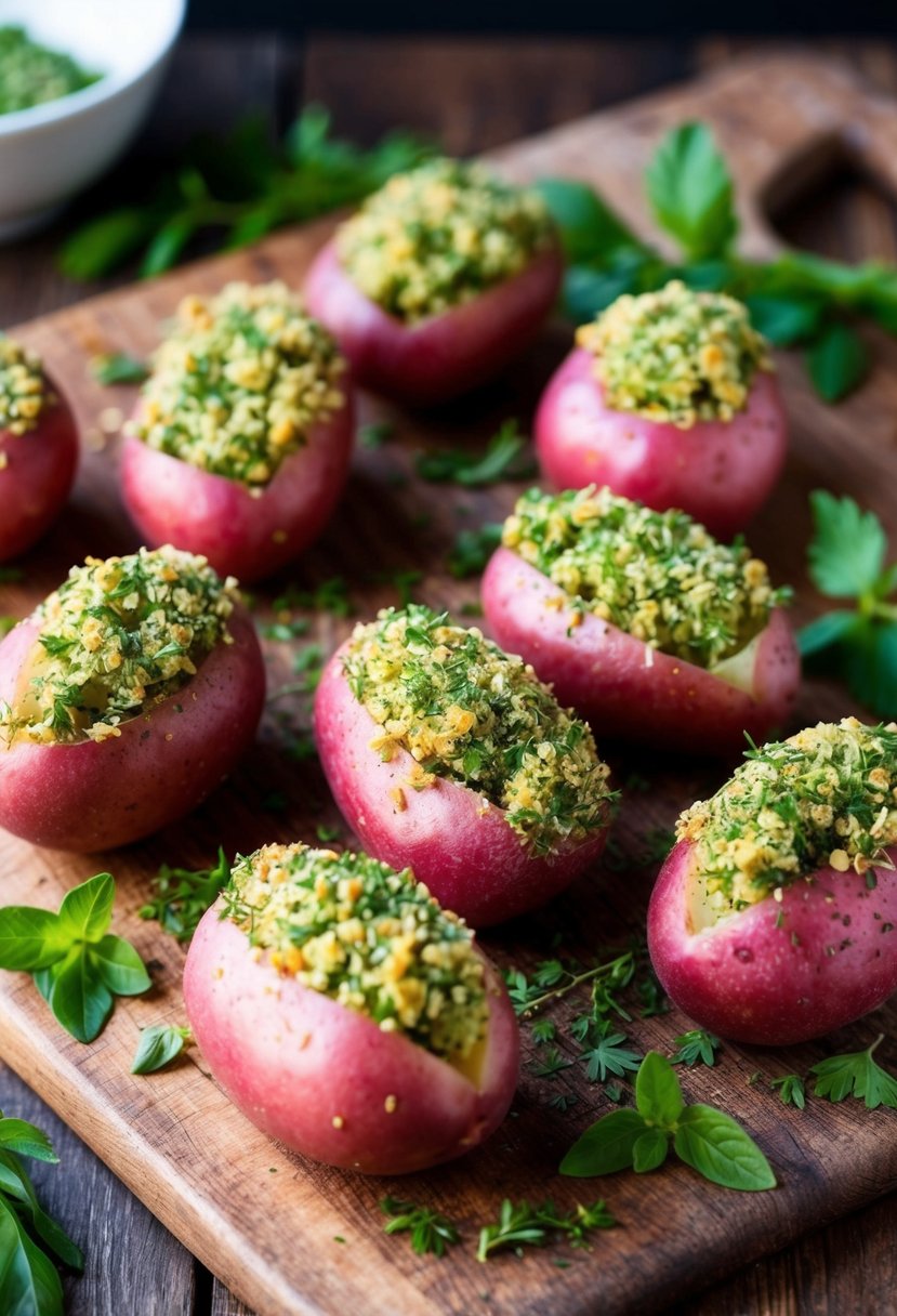 Fresh red potatoes coated in a fragrant herb crust, arranged on a rustic wooden cutting board