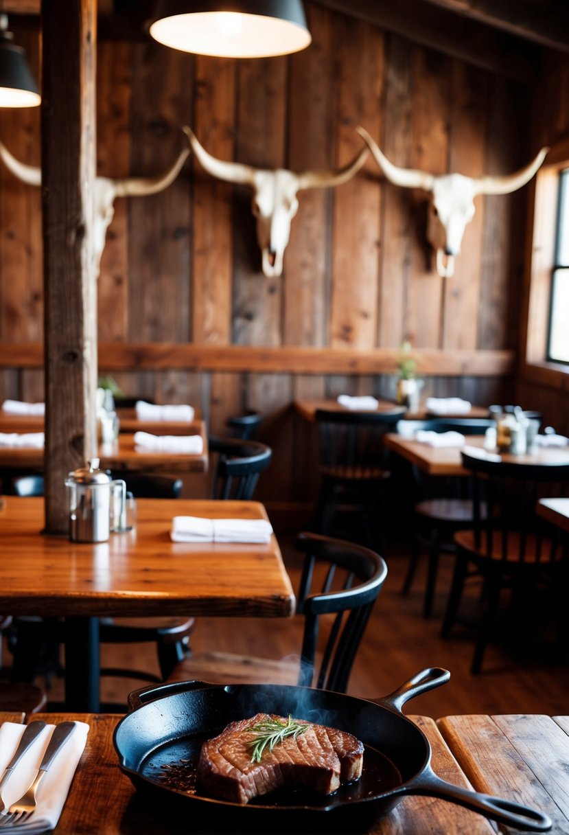 A rustic Wild West steakhouse with wooden tables, cowboy hats, and longhorn skulls on the walls. A sizzling steak on a cast iron skillet