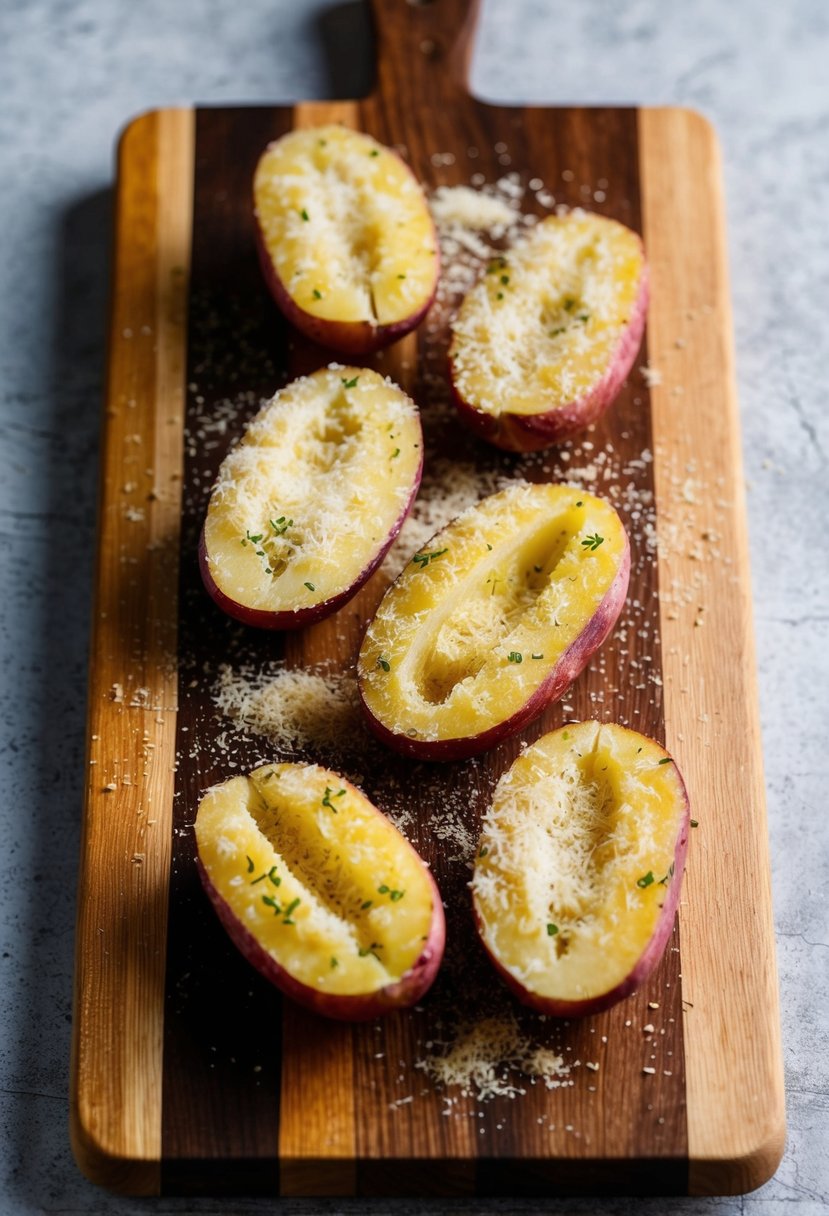 A rustic wooden cutting board with halved red skin potatoes coated in a mixture of minced garlic and grated Parmesan cheese, ready to be roasted