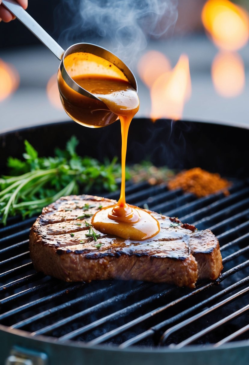 A sizzling steak on a grill with a homemade sauce being drizzled over it, surrounded by fresh herbs and spices