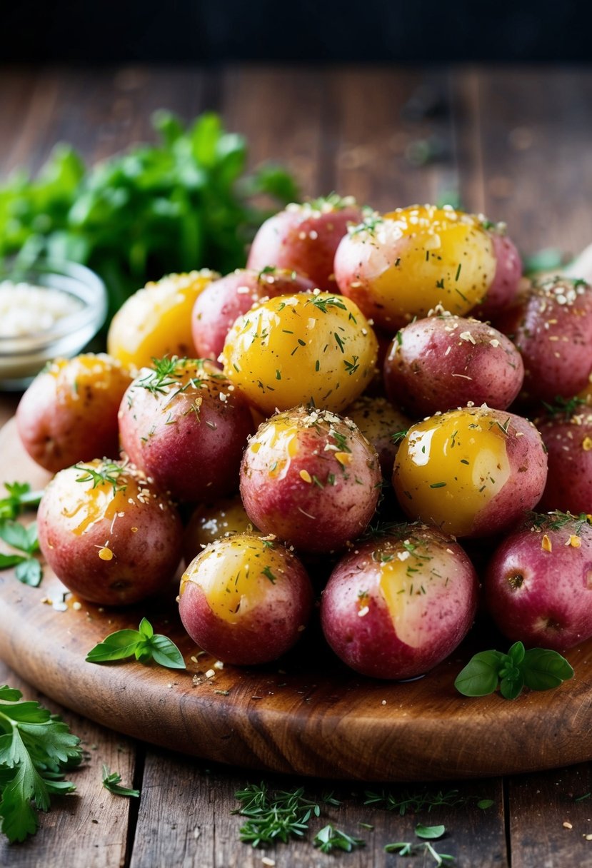 A pile of red potatoes coated in olive oil, with a sprinkle of herbs, on a rustic wooden cutting board