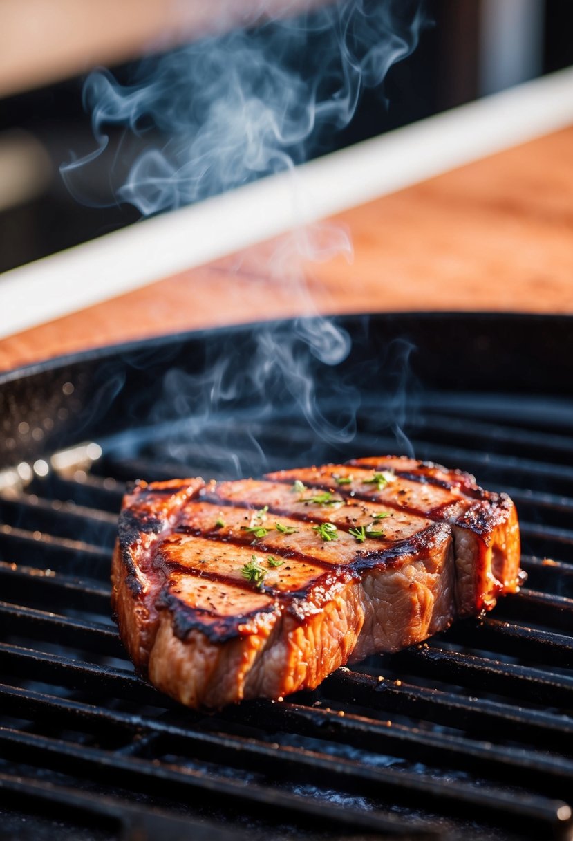 A sizzling ribeye steak cooks on a hot grill, charring and releasing a smoky aroma