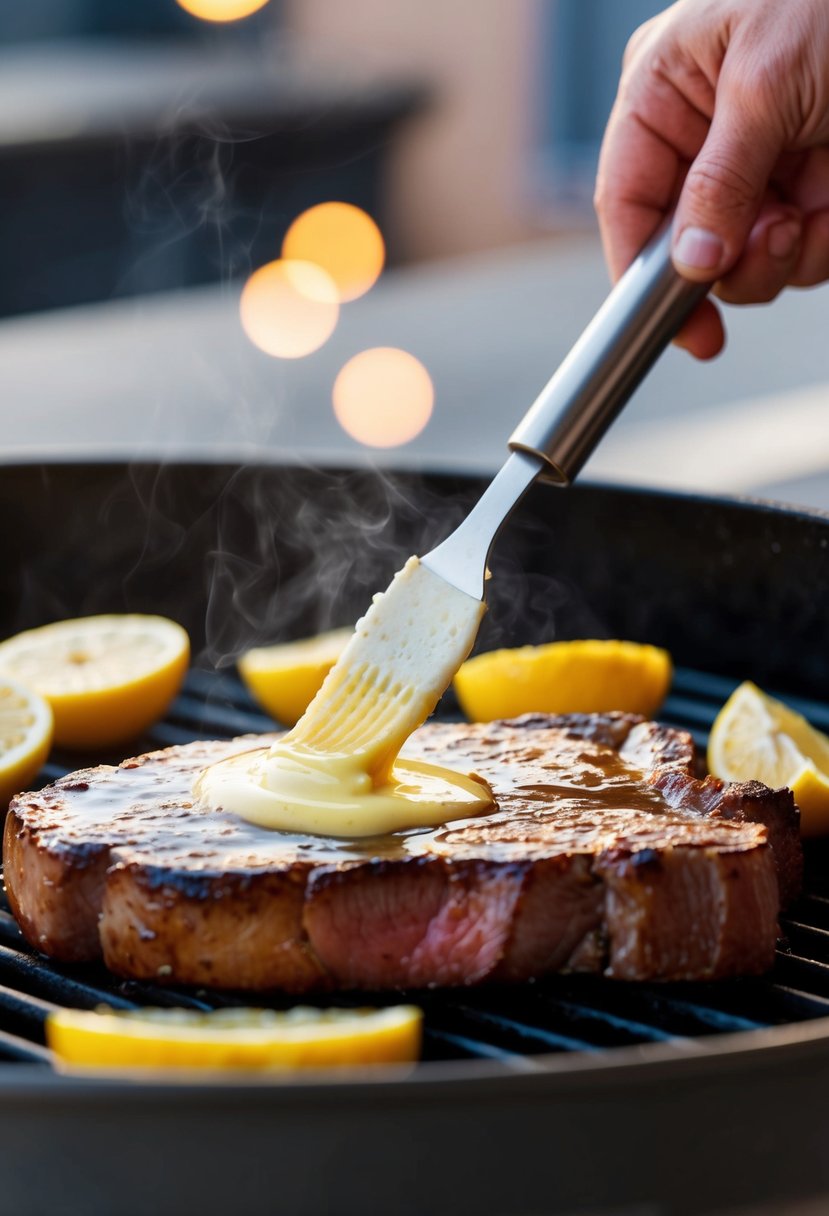 A sizzling steak being basted with a glossy lemon-butter glaze on a hot grill