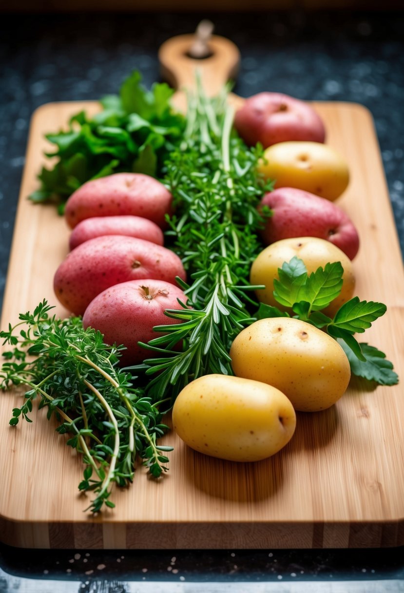 A wooden cutting board with a variety of fresh herbs and red skin potatoes arranged in a medley