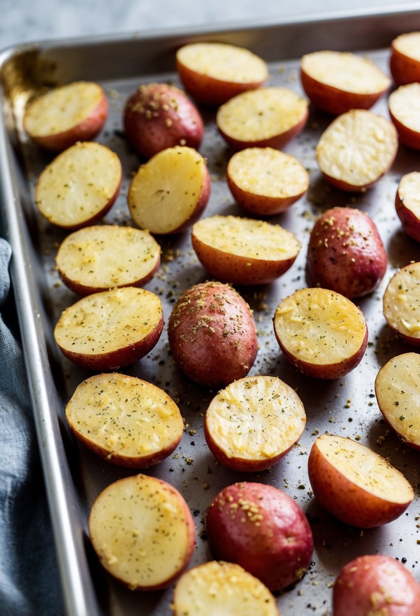 A baking sheet with halved red potatoes coated in lemon-garlic seasoning, ready to be roasted