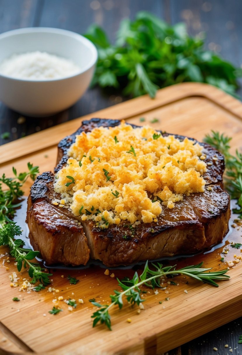 A sizzling steak with a crispy cornstarch crust, surrounded by herbs and seasonings, on a wooden cutting board