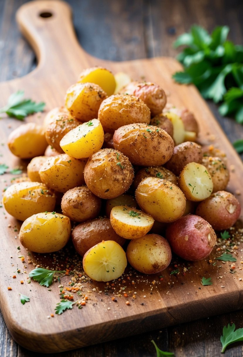 A pile of crispy red skin potatoes sprinkled with Italian spices on a rustic wooden cutting board