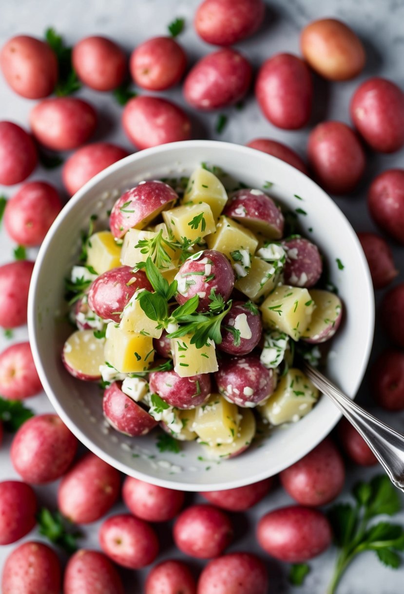 A bowl of red potato salad with fresh herbs and a light vinaigrette dressing, surrounded by scattered red skin potatoes