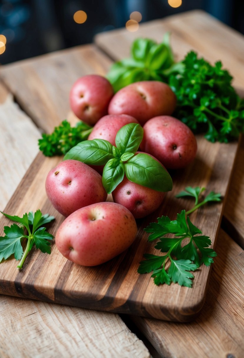 A rustic wooden cutting board with red potatoes, fresh basil, and parsley arranged in an artful display