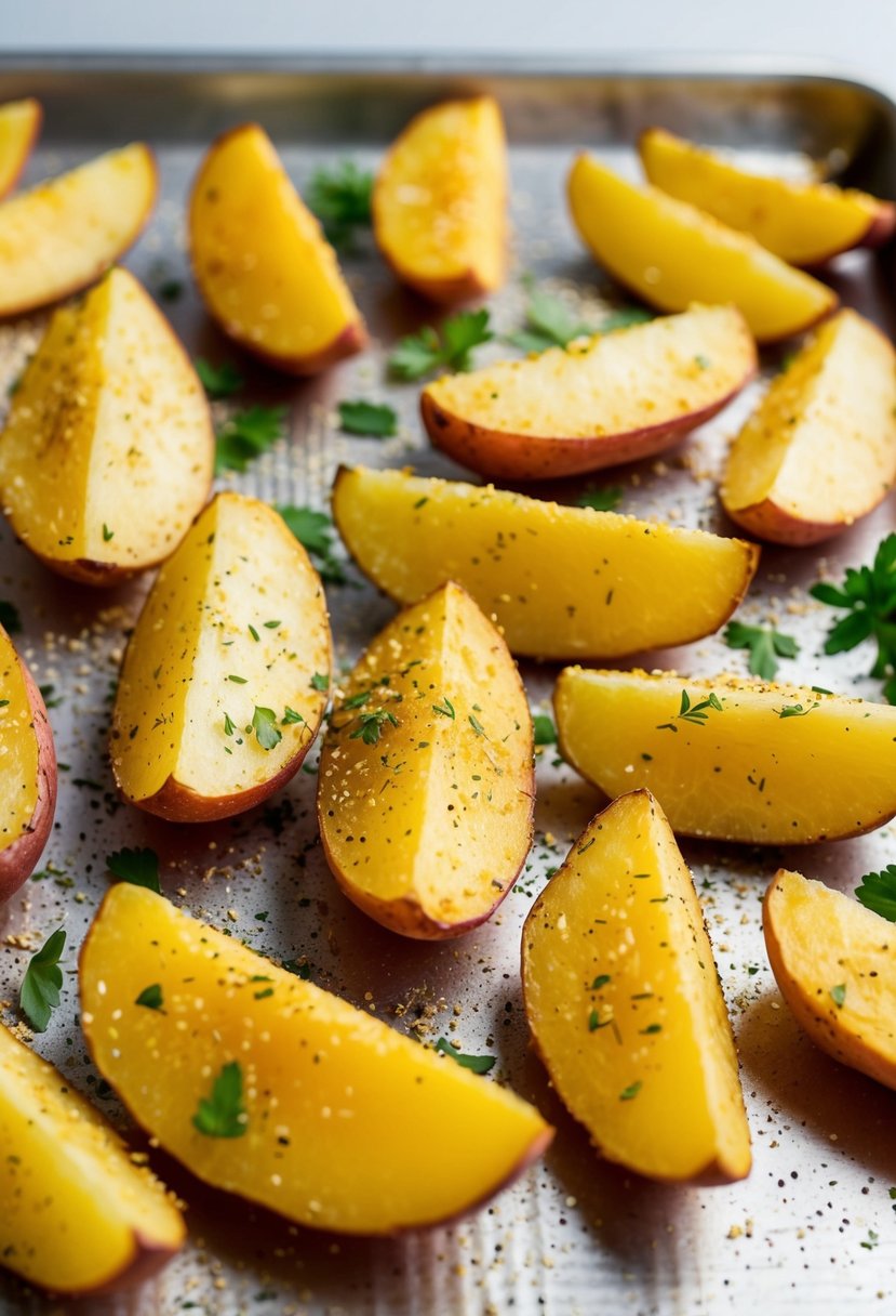 Golden red skin potato wedges on a baking sheet, sprinkled with zesty seasoning and fresh herbs, ready to be roasted in the oven