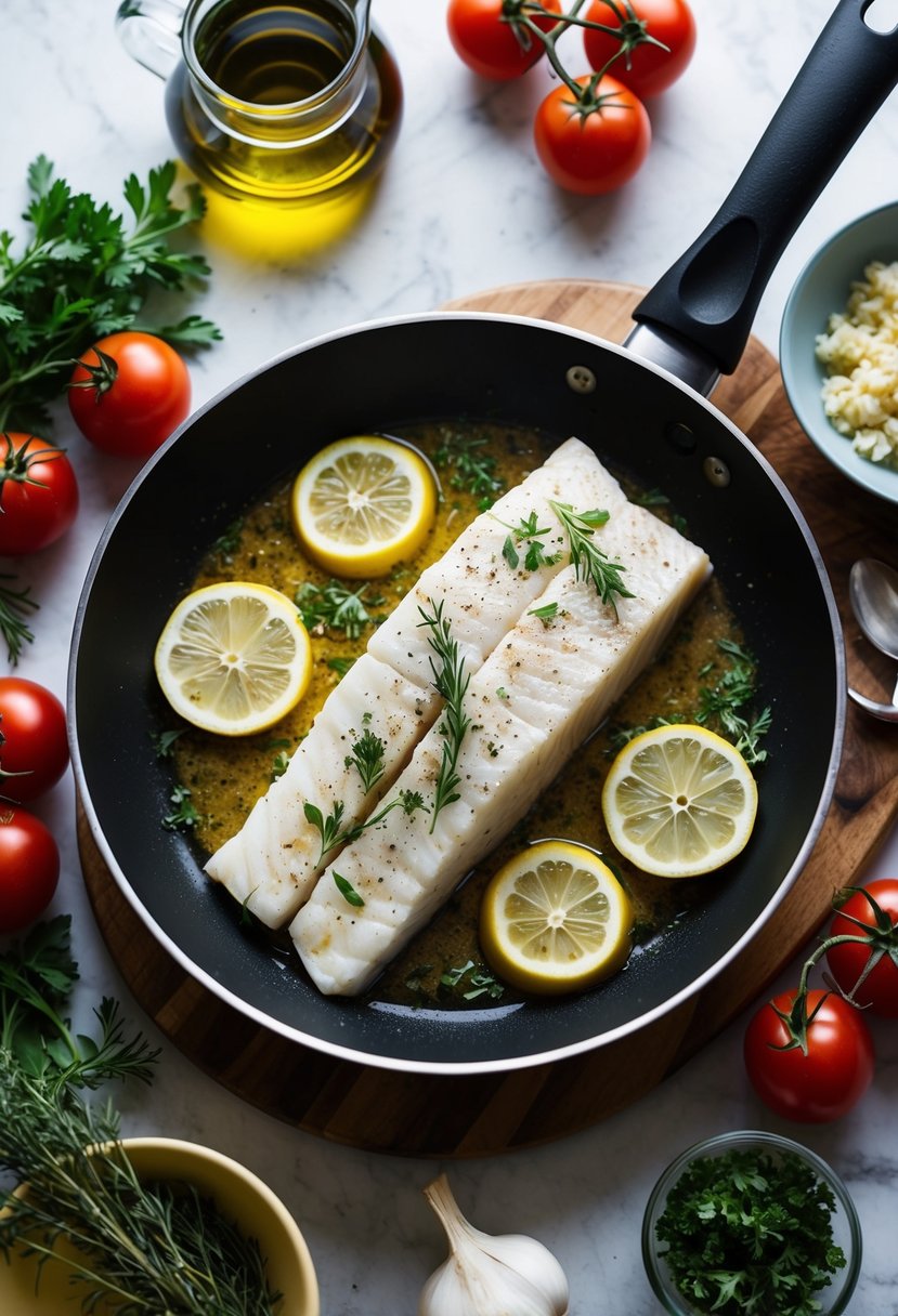 A halibut fillet sizzling in a pan with herbs and lemon slices, surrounded by a variety of fresh ingredients like tomatoes, garlic, and olive oil