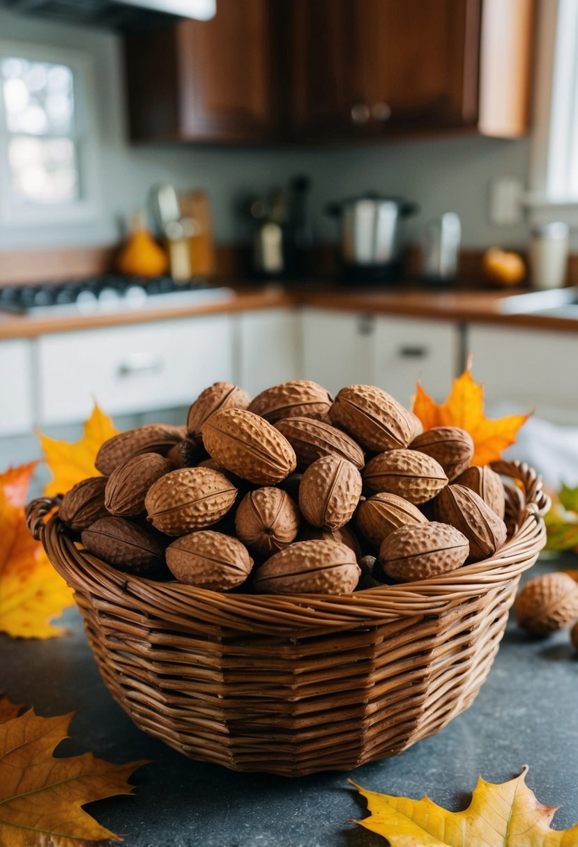 A basket of shagbark hickory nuts surrounded by autumn leaves and a rustic kitchen counter