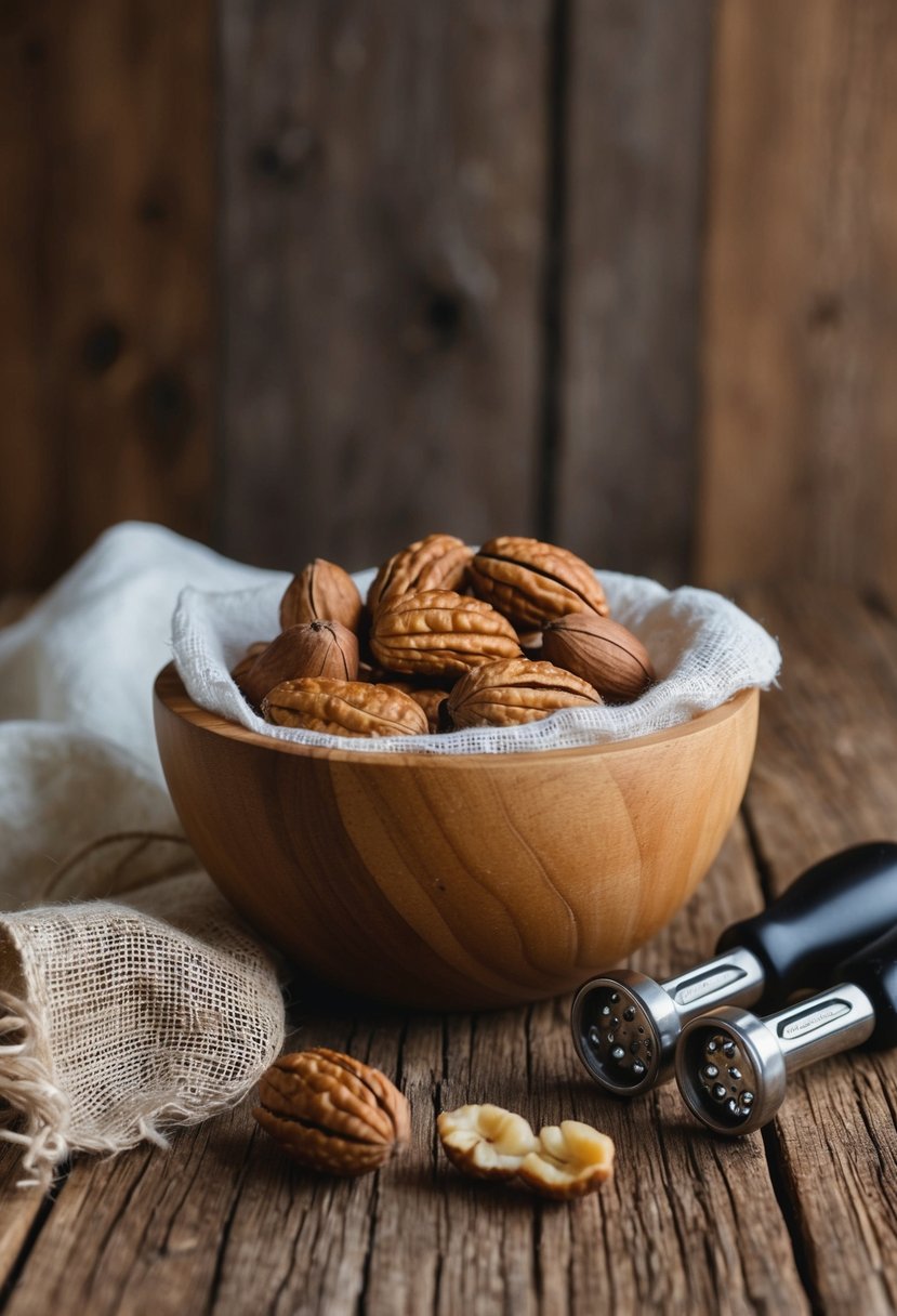 A wooden bowl filled with shagbark hickory nuts, a nutcracker, and a muslin cloth for straining, set against a rustic kitchen backdrop