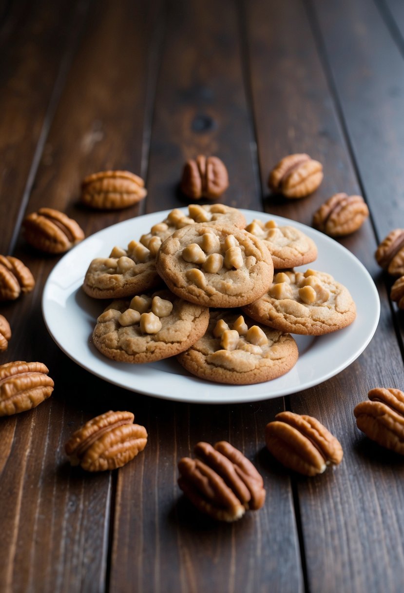 A plate of maple nut cookies surrounded by shagbark hickory nuts on a wooden table