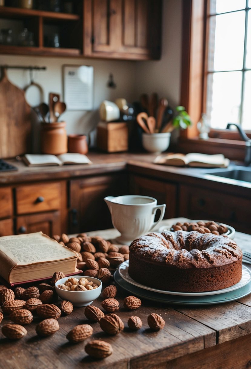 A rustic kitchen table cluttered with shagbark hickory nuts, a vintage recipe book, and a freshly baked historic Hickory Nut Cake