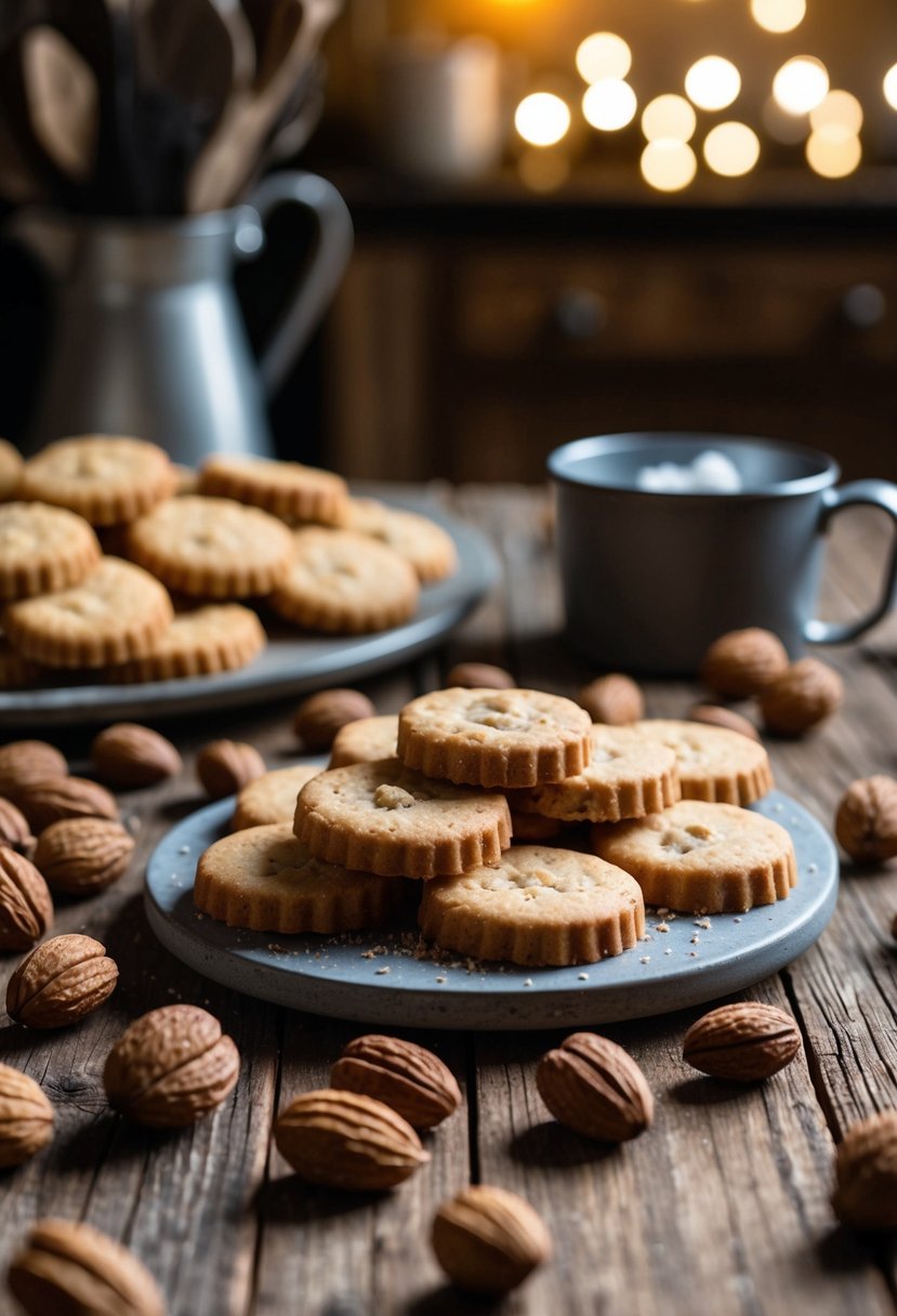 A rustic kitchen table covered in shagbark hickory nuts, with a batch of freshly baked shortbread cookies infused with the nut's rich flavor