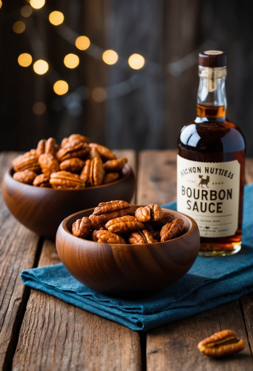 A wooden bowl filled with hickory nuts and a bottle of bourbon sauce on a rustic table