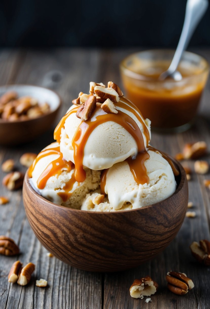 A rustic wooden bowl filled with creamy hickory bark ice cream topped with chopped shagbark hickory nuts and drizzled with caramel sauce