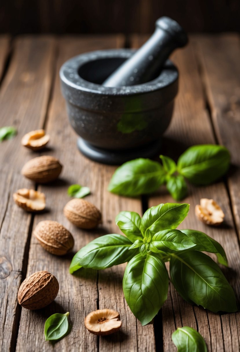 A rustic wooden table with scattered shagbark hickory nuts, fresh basil leaves, and a mortar and pestle