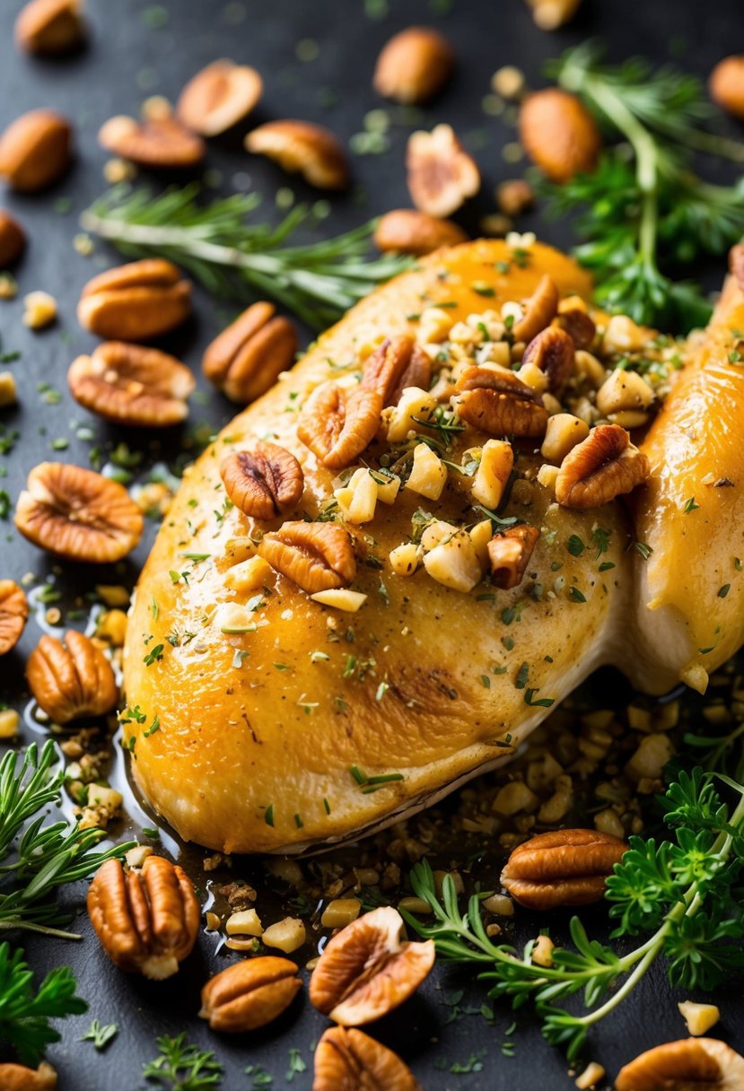 A golden-brown chicken breast coated in crushed hickory nuts and herbs, surrounded by scattered shagbark hickory nuts and fresh herbs