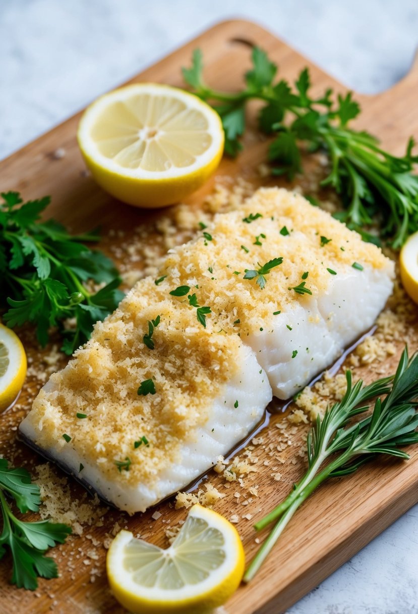 A piece of halibut fish coated in panko crumbs, surrounded by fresh herbs and lemon slices on a clean, wooden cutting board