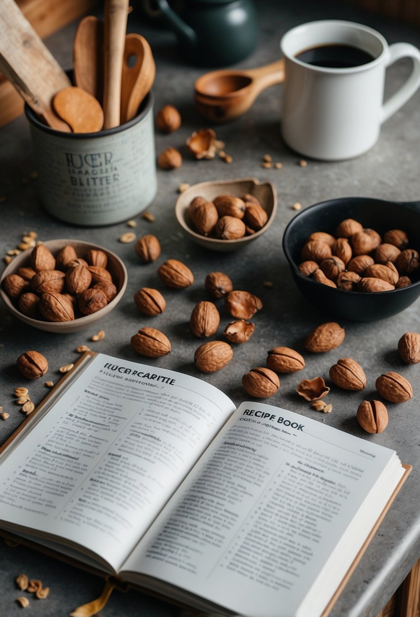 A rustic kitchen counter with scattered shagbark hickory nuts and a recipe book open to a page on hickory nut leather brittle