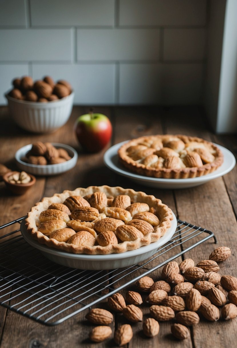 A rustic kitchen table with a freshly baked hickory nut and apple pie cooling on a wire rack beside a scattered pile of shagbark hickory nuts