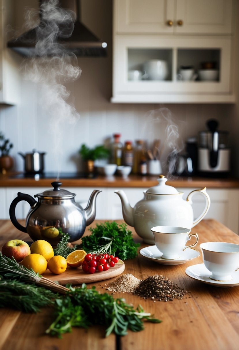 A cozy kitchen with an assortment of herbs, fruits, and spices laid out on a wooden table, alongside a steaming teapot and vintage teacups