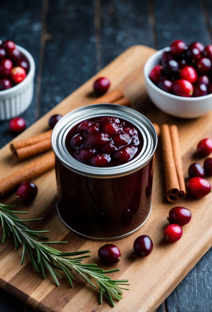 A can of jellied cranberry sauce surrounded by fresh cranberries, cinnamon sticks, and a sprig of rosemary on a wooden cutting board