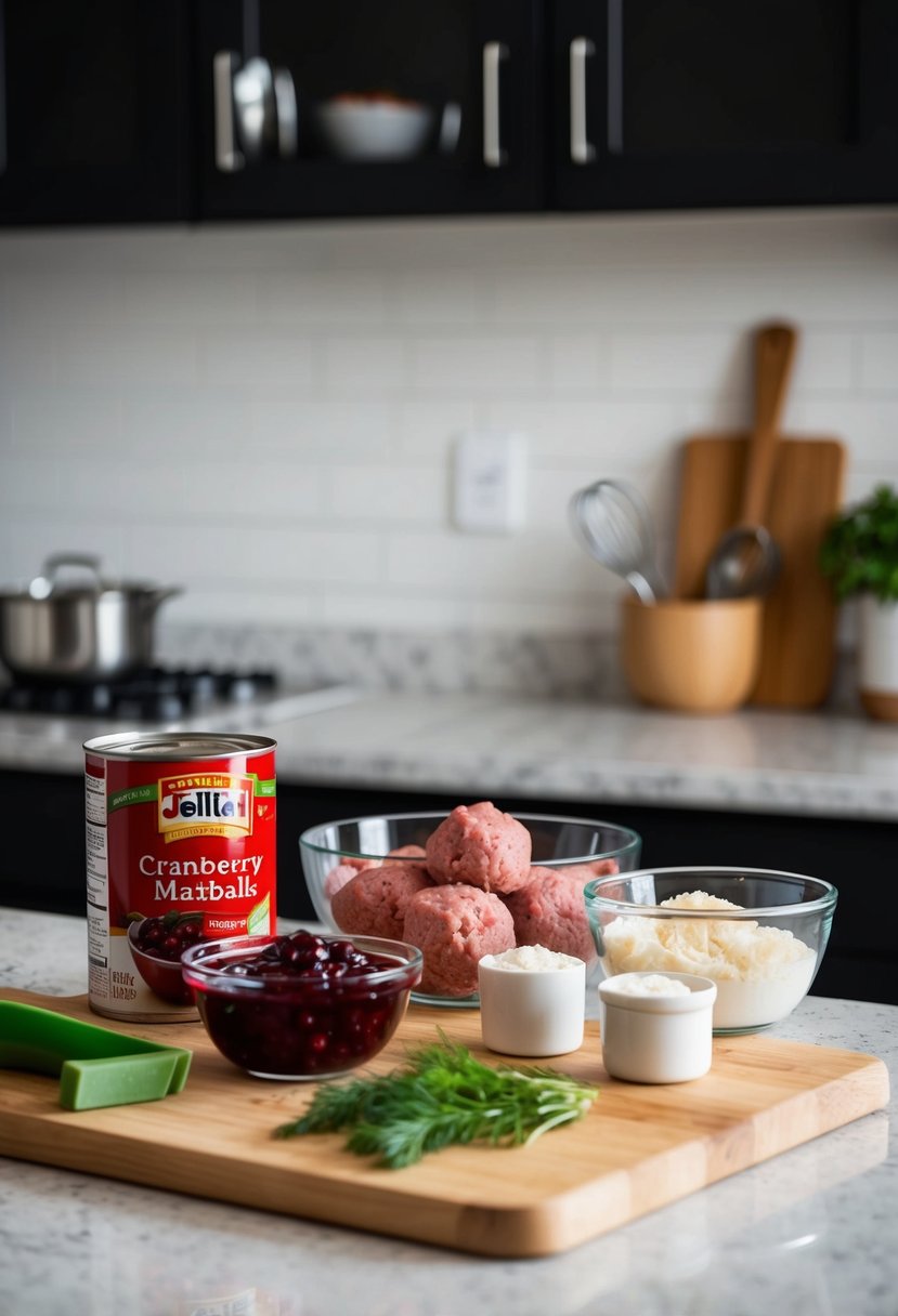 A kitchen counter with ingredients and utensils for making cranberry meatballs, including a can of jellied cranberry sauce, meat, and mixing bowls