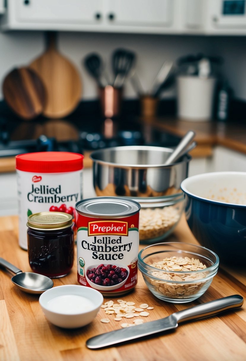 A kitchen counter with ingredients and utensils for making cranberry oatmeal bars, including a can of jellied cranberry sauce and a mixing bowl