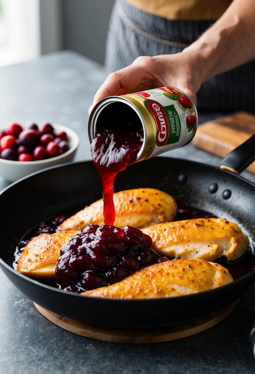 A chef pouring canned jellied cranberry sauce over sizzling chicken breasts in a skillet, with a bowl of fresh cranberries nearby