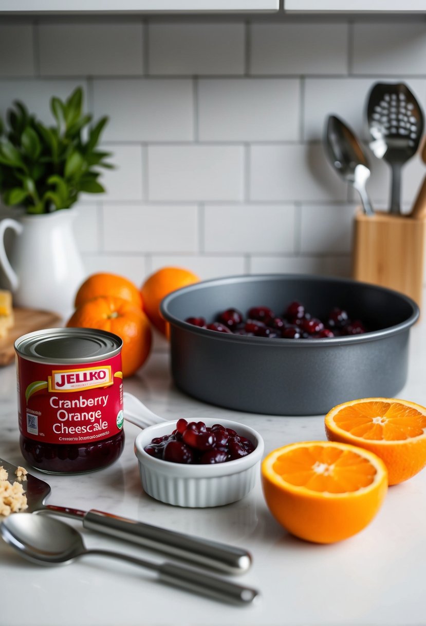 A kitchen counter with ingredients and utensils for making cranberry orange cheesecake, including a can of jellied cranberry sauce, oranges, and a cheesecake pan