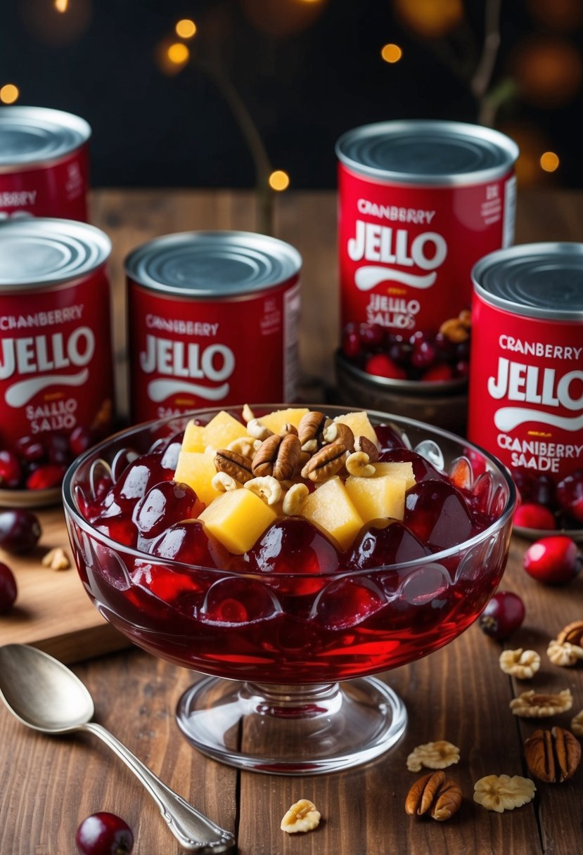 A glass dish filled with cranberry jello salad, topped with sliced fruits and nuts, surrounded by canned jellied cranberry sauce cans