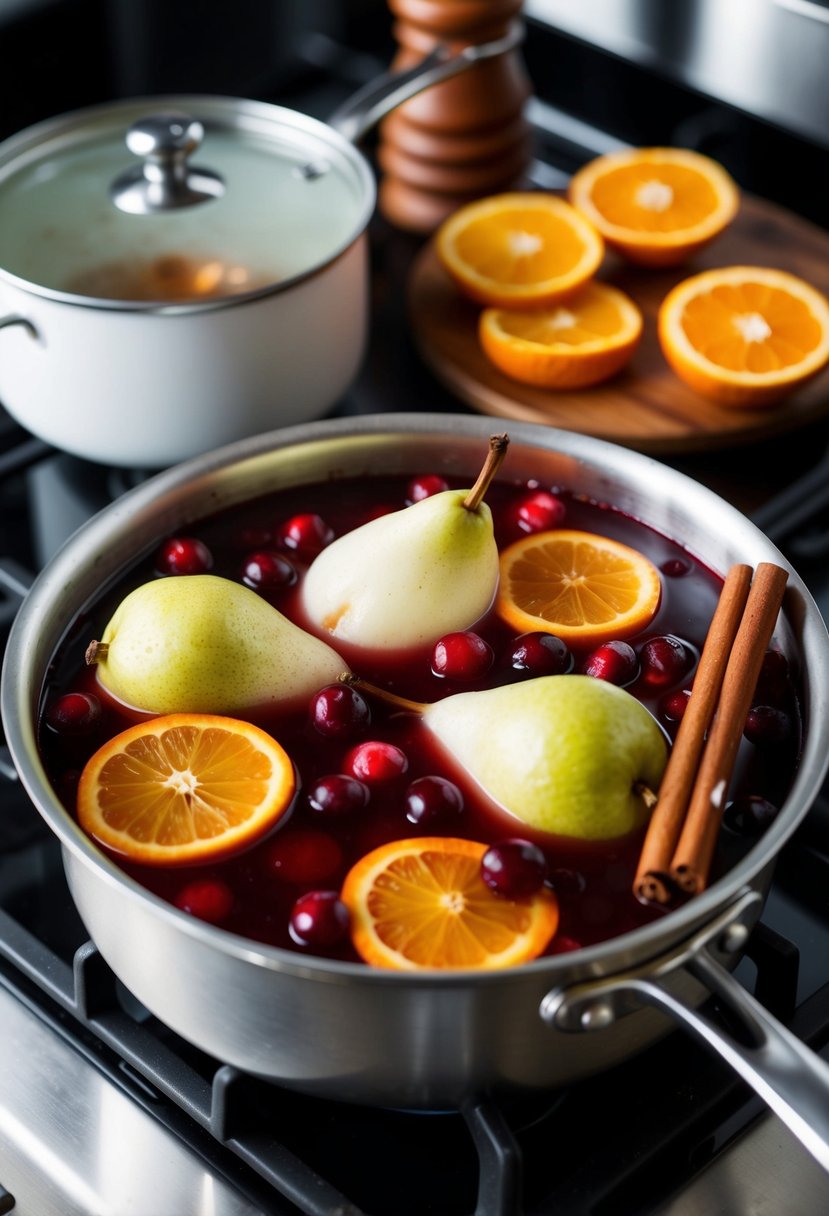 Pears simmering in spiced tea with jellied cranberry sauce, cinnamon sticks, and orange slices in a saucepan on a stovetop