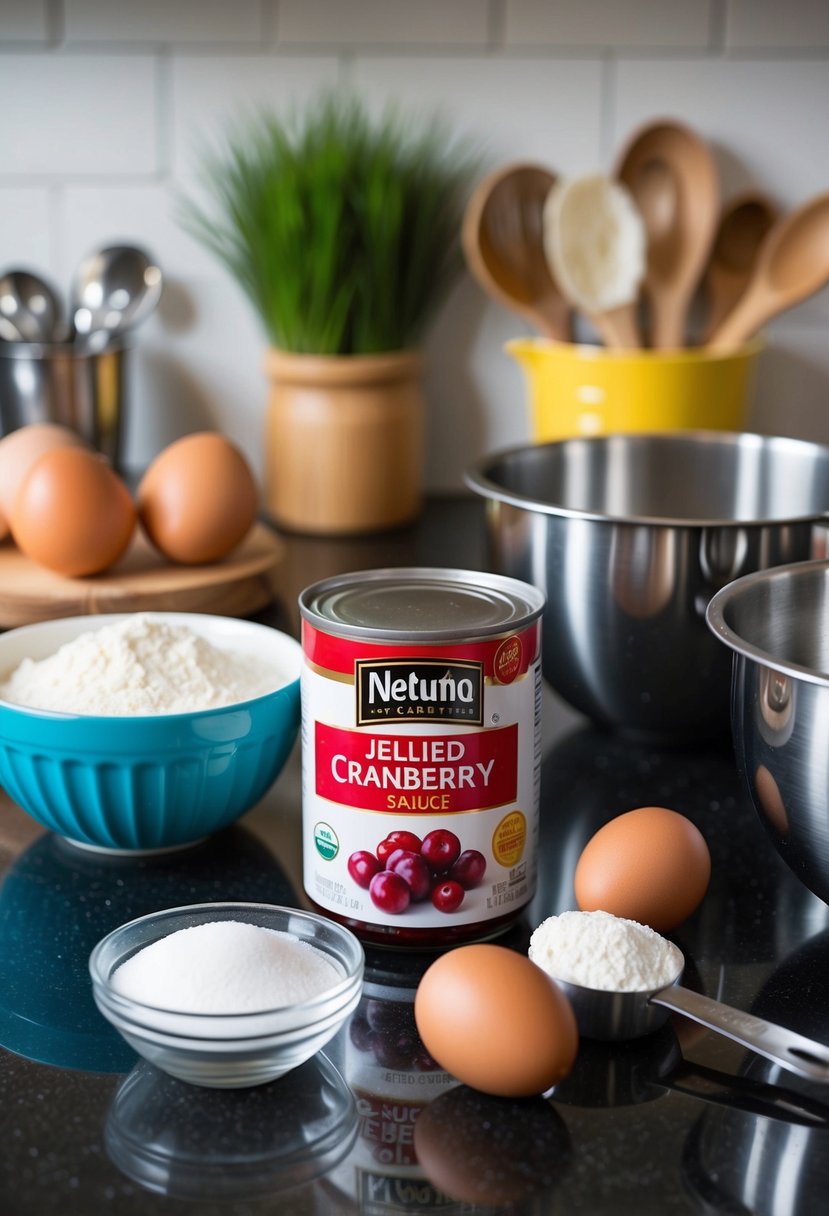 A kitchen counter with ingredients (flour, eggs, sugar) and a can of jellied cranberry sauce, surrounded by mixing bowls and measuring cups