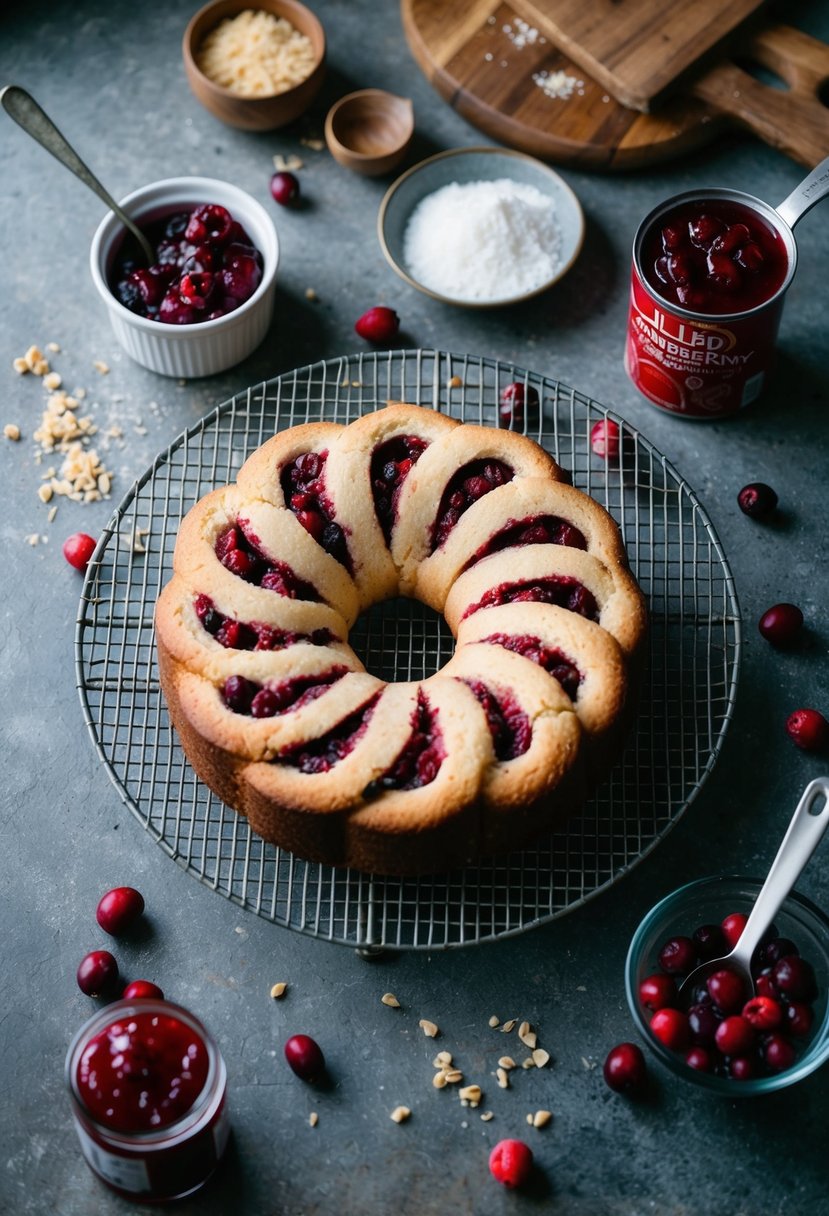 A rustic kitchen countertop with a freshly baked cranberry swirled snacking cake cooling on a wire rack, surrounded by scattered ingredients and an open can of jellied cranberry sauce