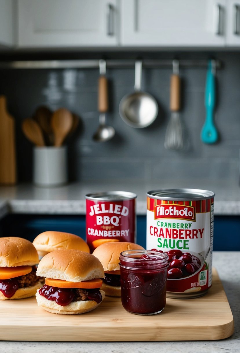 A kitchen counter with ingredients for Cranberry BBQ Sliders and a can of jellied cranberry sauce