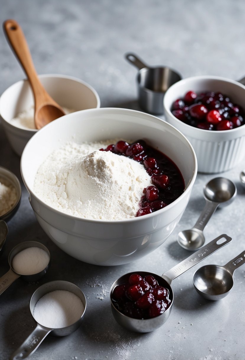 A mixing bowl filled with flour, sugar, and cranberry sauce, surrounded by measuring cups and spoons