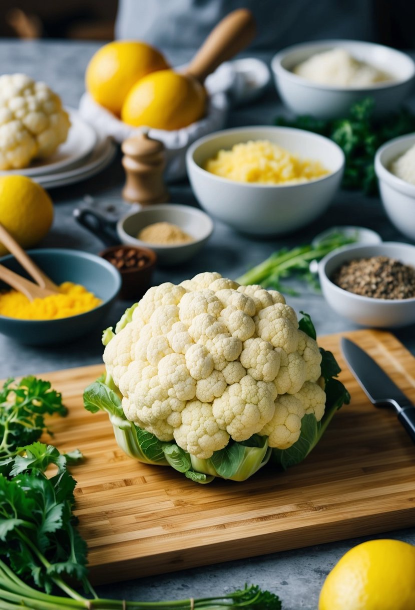 A cutting board with green cauliflower, surrounded by various cooking ingredients and utensils