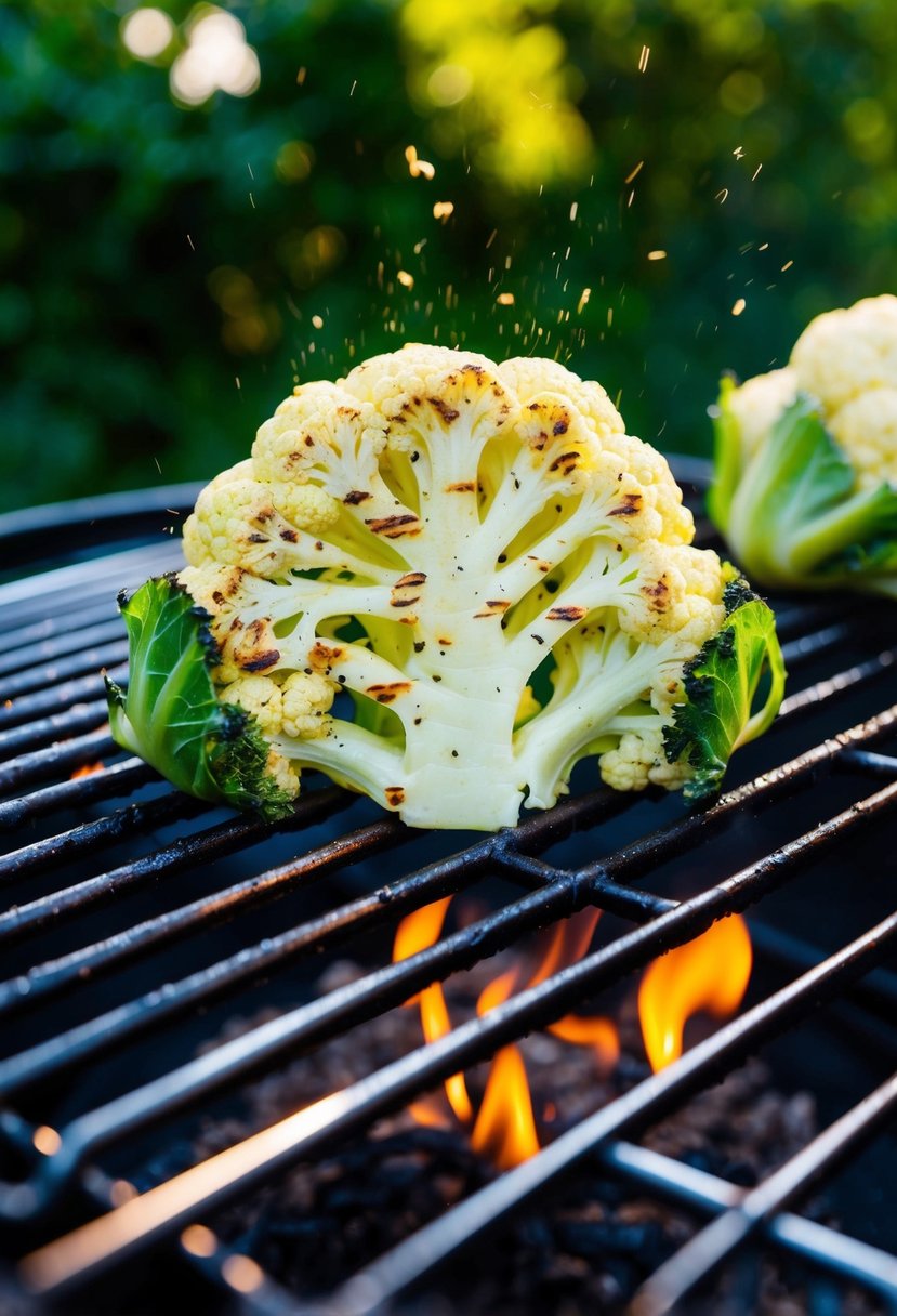 A sizzling green cauliflower steak grilling on a hot barbecue, with charred grill marks and a sprinkle of seasoning