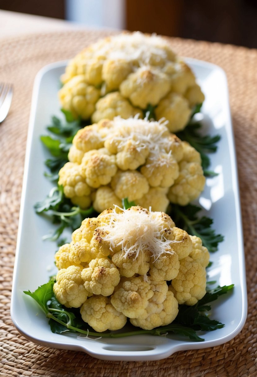 A platter of roasted green cauliflower topped with Parmesan cheese