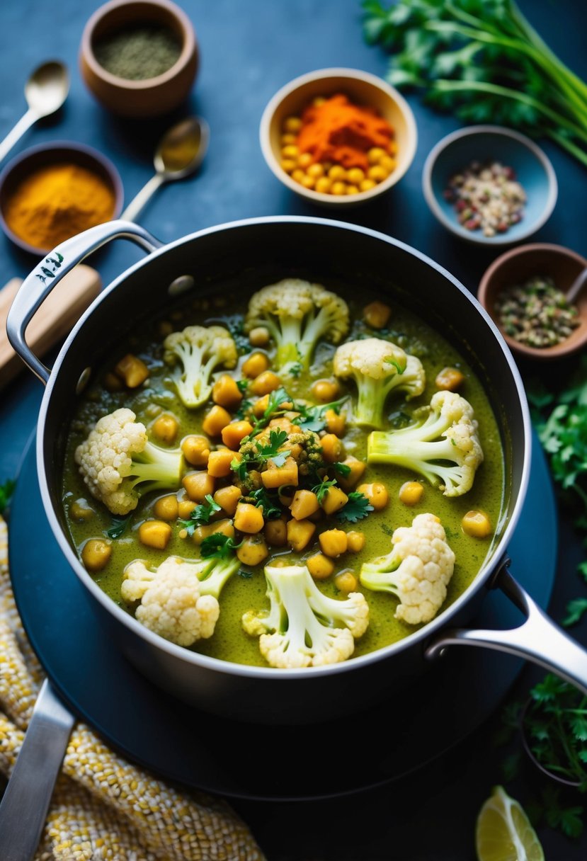 A bubbling pot of green cauliflower and chickpea curry, surrounded by a colorful array of spices and herbs