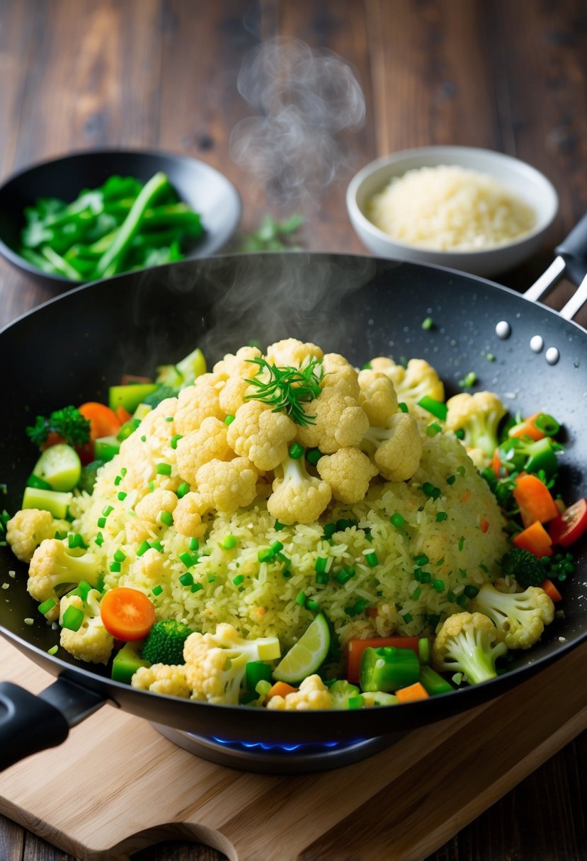 A sizzling wok cooks vibrant green cauliflower rice with assorted vegetables and aromatic seasonings