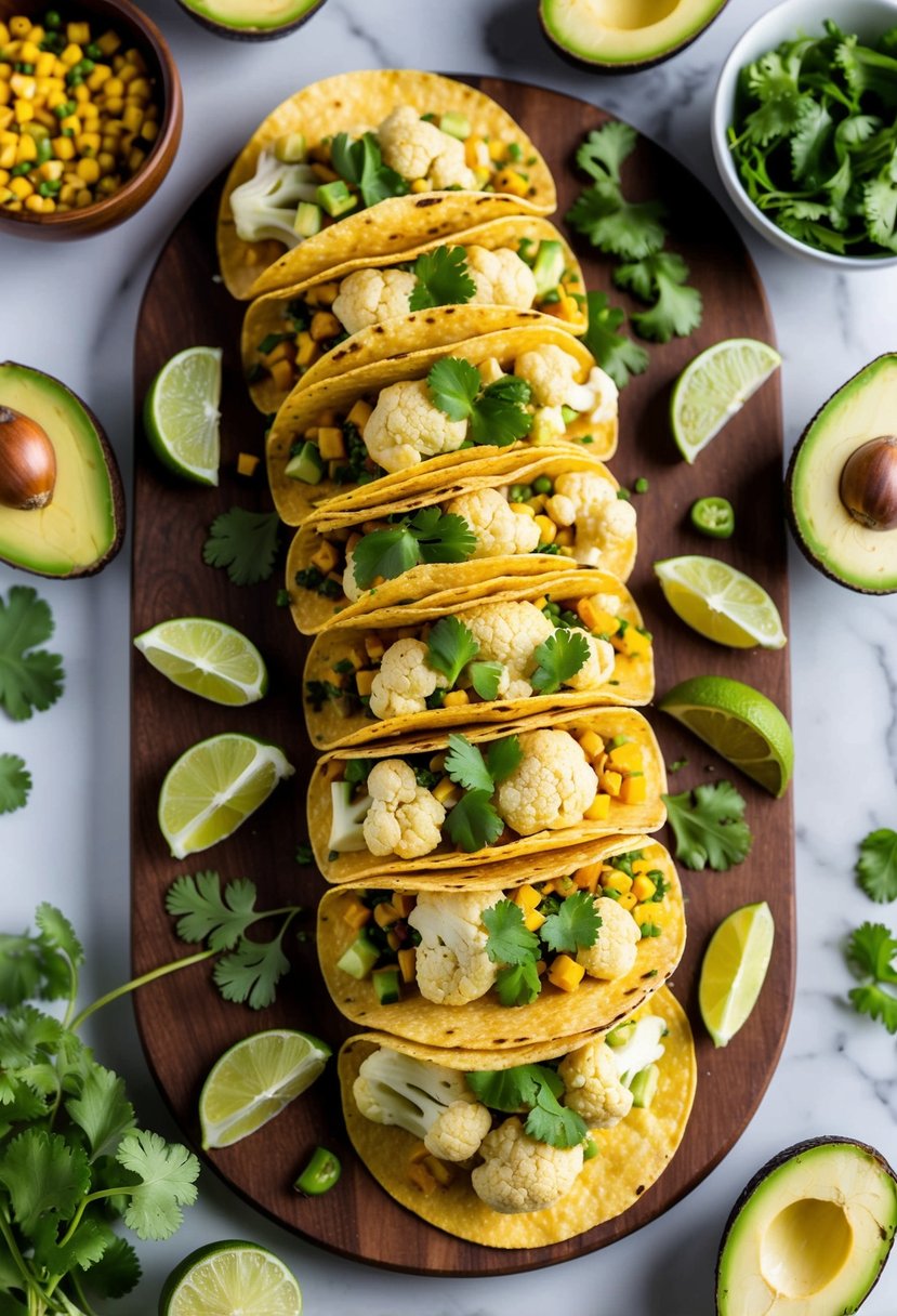 A colorful array of spiced green cauliflower tacos arranged on a wooden serving board, surrounded by vibrant ingredients like avocado, lime, and cilantro